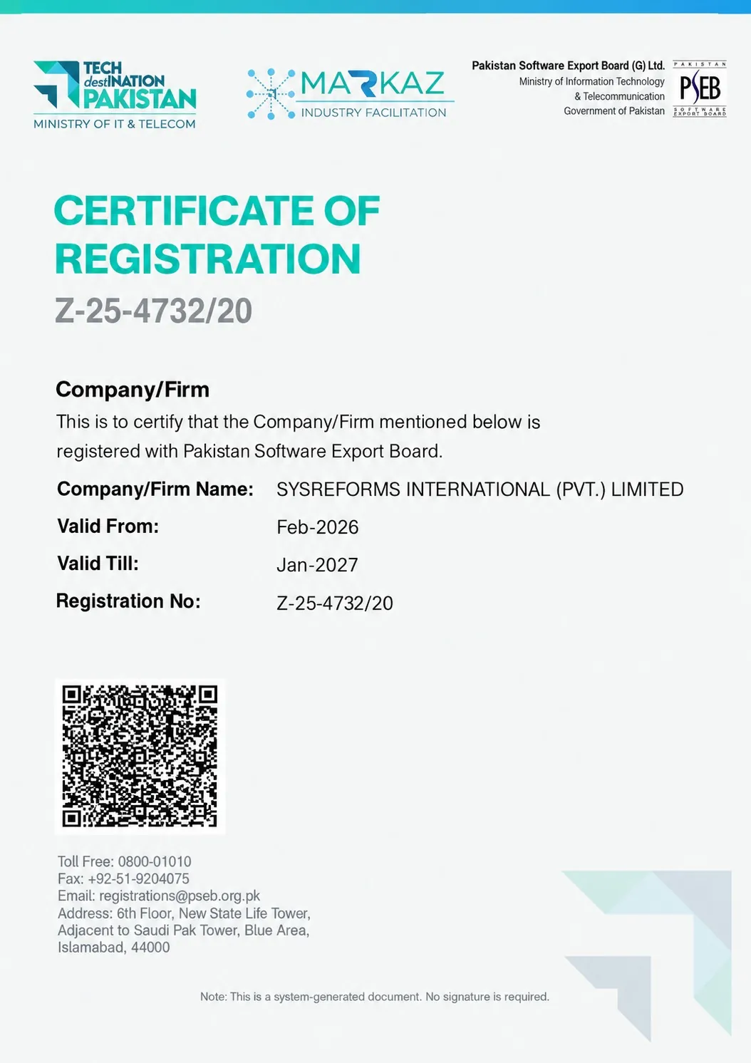 PSEB certificate of registration