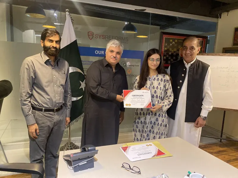 SysReforms – Certificate presented to a SysReforms intern, Islamabad, Pakistan